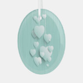 Hellgrüner Hintergrund mit 3D-weißen Herzen Ornament Aus Glas (Vorderseite links)