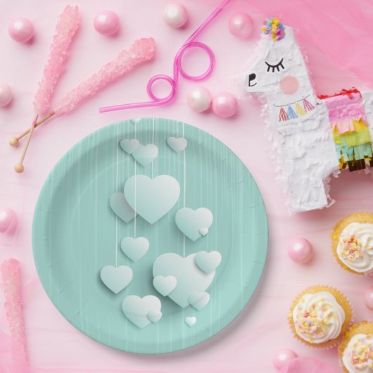 Hellgrüner Hintergrund mit 3D-weißen Herzen Pappteller (Party)