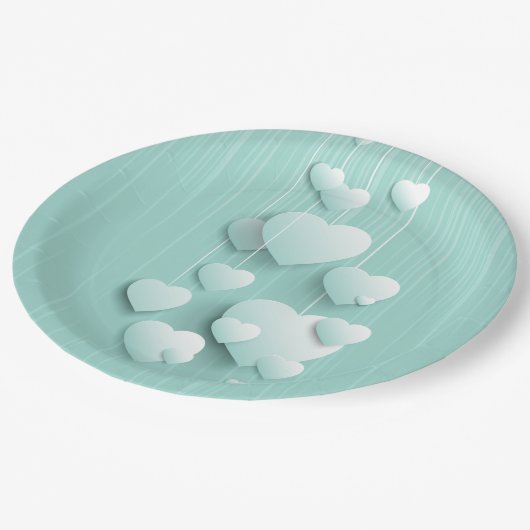 Hellgrüner Hintergrund mit 3D-weißen Herzen Pappteller (Schrägansicht)