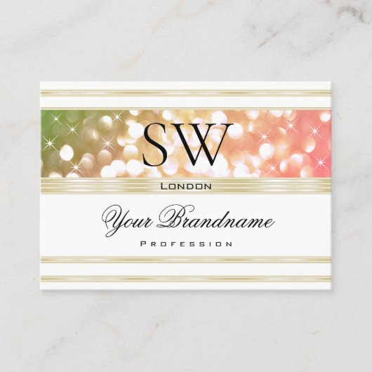 Hellgrüner Rosa Glitzer Weiß und Gold Monogram Visitenkarte (Vorderseite)