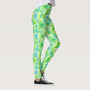 Hellgrüner tropischer Palm und blaue Sun Print Leggings