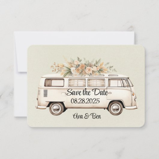Hellgrüner Vintage-Bus-Hochzeit Save The Date (Vorderseite)