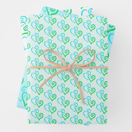 Hellgrünes blaues, gelinktes Herzmuster Geschenkpapier Set (Beispiel)