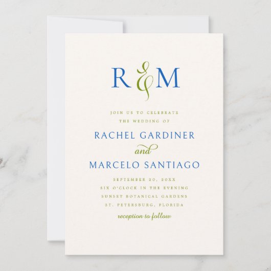 Hellgrünes blaues Monogramm Hochzeit Einladung (Vorderseite)