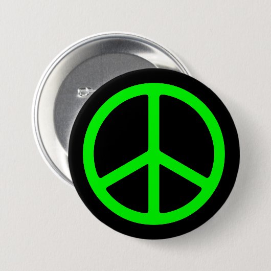 Hellgrünes Friedenszeichen auf schwarzem Pinback Button (Vorne & Hinten)