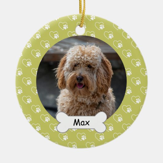 Hellgrünes Herz pflastert Puppy-Hund-Foto Keramik Ornament (Vorne)