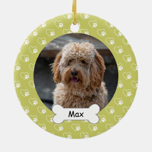 Hellgrünes Herz pflastert Puppy-Hund-Foto Keramik Ornament (Hinten)