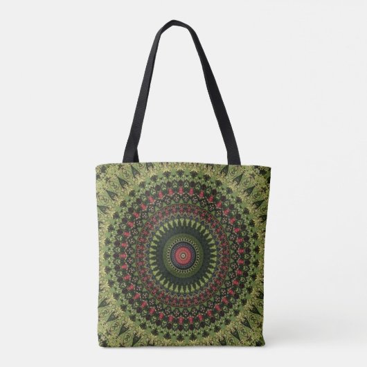 Hellgrünes Schwarz und Rot Mandala Retro Design Tasche (Rückseite)