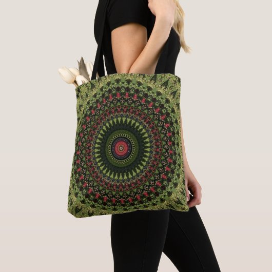 Hellgrünes Schwarz und Rot Mandala Retro Design Tasche (Von Nahem)