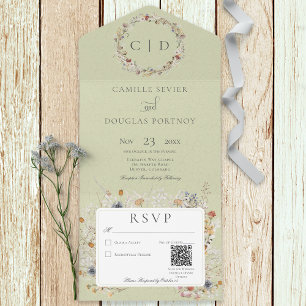 Hellgrünes Vintage Romantisches Wildblumen QR Code All In One Einladung