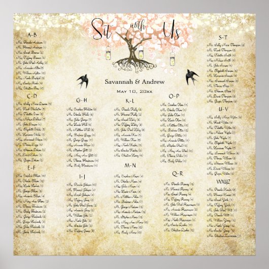 Hellkorallen-Herz-Blatt-Baum-Hochzeits-Sitzplan Poster (Vorne)