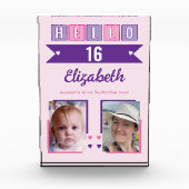 Hello 16 (any age) name est date pink purple fotoblock (Vorderseite)