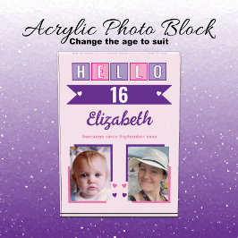 Hello 16 (any age) name est date pink purple fotoblock