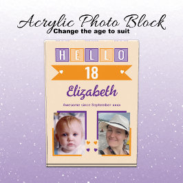 Hello 18 (any age) name est date orange purple fotoblock