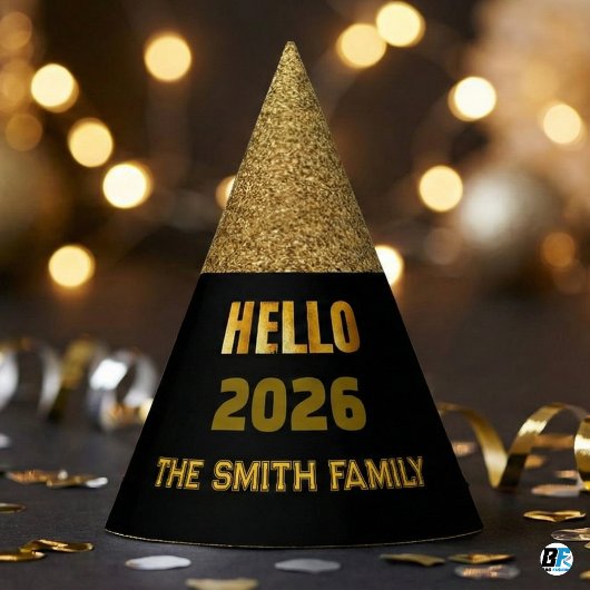 Hello 2026 Black & Gold Glitter Custom Family Name Partyhütchen