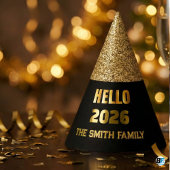 Hello 2026 Black & Gold Glitter Custom Family Name Partyhütchen