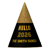 Hello 2026 Black & Gold Glitter Custom Family Name Partyhütchen (Vorderseite)