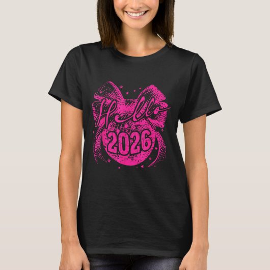 Hello 2026 Disco Ball Coquette Bow Happy New Year T-Shirt (Vorderseite)