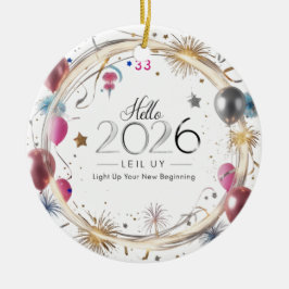 Hello 2026 Metallic Balloons Circle  Keramik Ornament