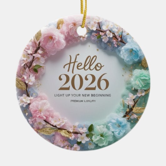 Hello 2026 Pastel Floral Wreath Ceramic Ornament (Vorne)