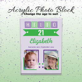 Hello 21 (any age) name est date green purple fotoblock