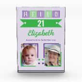 Hello 21 (any age) name est date green purple fotoblock (Vorderseite)