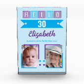 Hello 30 (any age) name est date blue purple fotoblock (Vorderseite)