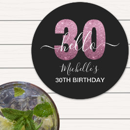 Hello 30! Fun 30th birthday Pink glitter Runder Pappuntersetzer