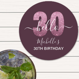 Hello 30! Fun 30th birthday Pink glitter Runder Pappuntersetzer