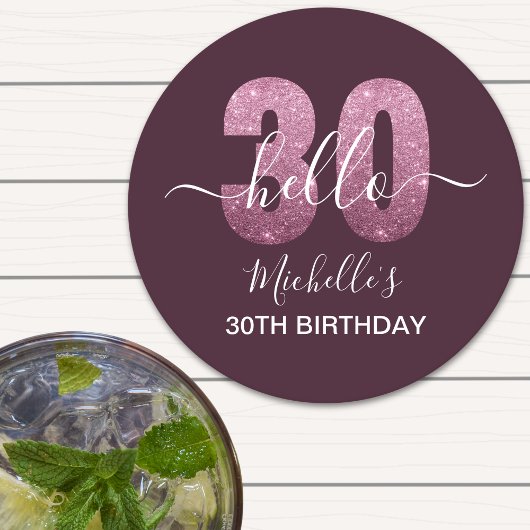 Hello 30! Fun 30th birthday Pink glitter Runder Pappuntersetzer