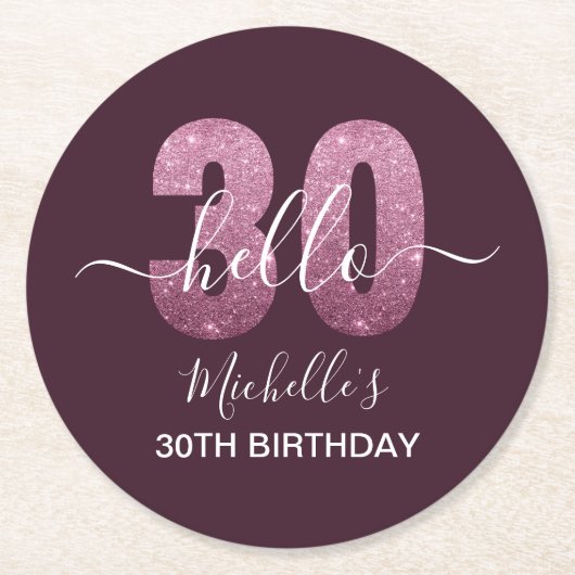 Hello 30! Fun 30th birthday Pink glitter Runder Pappuntersetzer (Vorderseite)