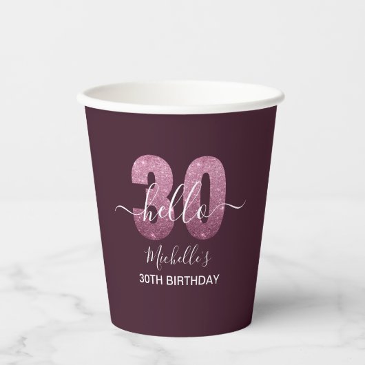 Hello 30! Modern 30th birthday Pink glitter Pappbecher (Vorderseite)