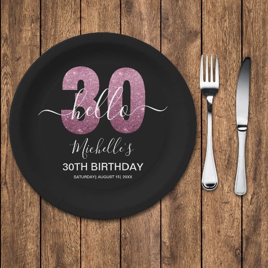 Hello 30! Modern 30th birthday Pink glitter Pappteller