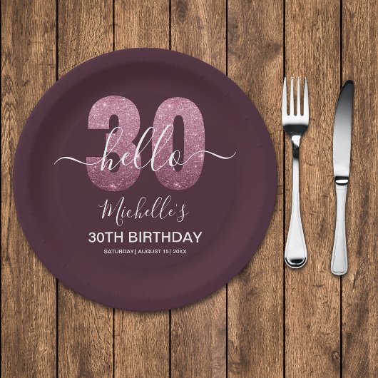 Hello 30! Modern 30th birthday Pink glitter Pappteller