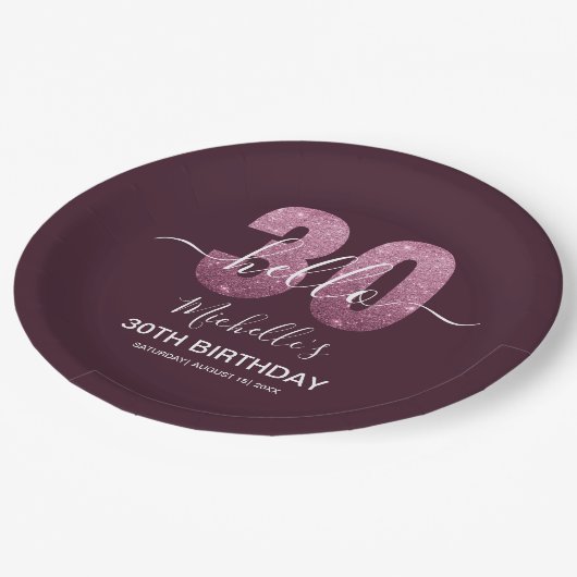 Hello 30! Modern 30th birthday Pink glitter Pappteller (Schrägansicht)