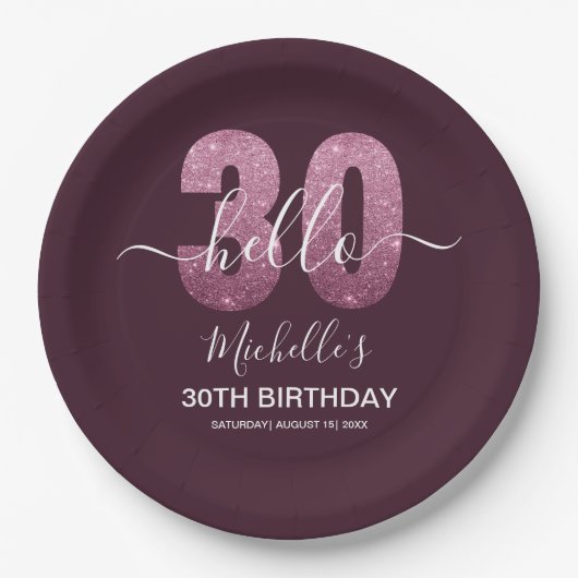 Hello 30! Modern 30th birthday Pink glitter Pappteller (Vorderseite)