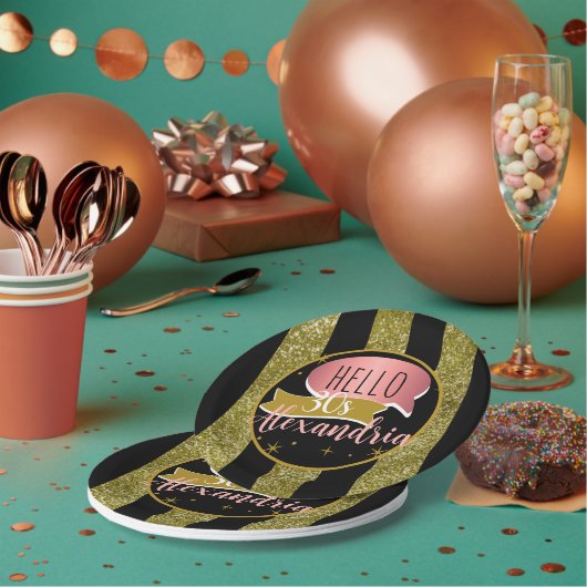 hello 30 Personalized 30th birthday glitter stripe Pappteller (Multi)