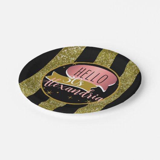 hello 30 Personalized 30th birthday glitter stripe Pappteller (Schrägansicht)