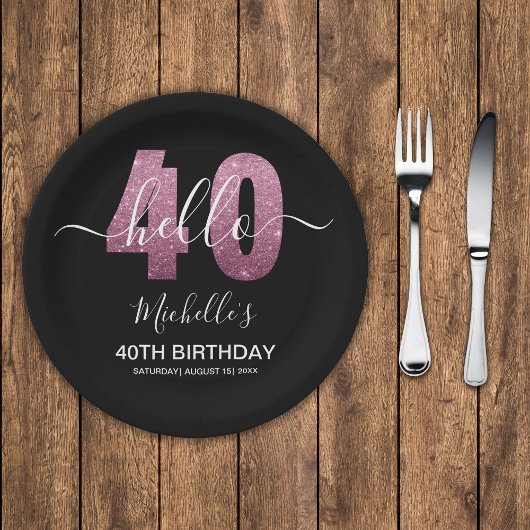 Hello 40! Modern 40th birthday with Pink glitter Pappteller