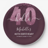 Hello 40! Modern 40th birthday with Pink glitter Pappteller (Vorderseite)