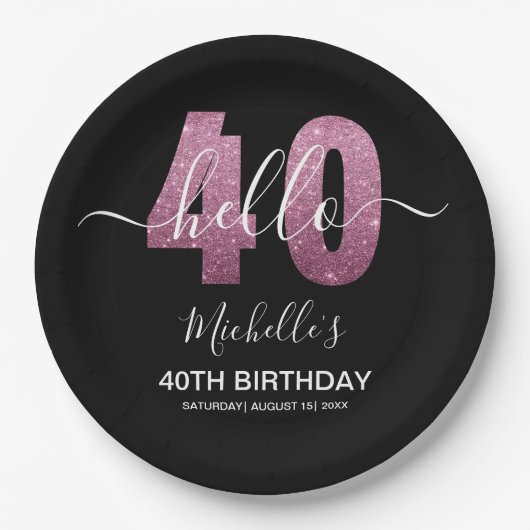 Hello 40! Modern 40th birthday with Pink glitter Pappteller (Vorderseite)