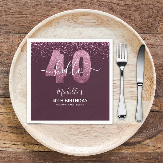 Hello 40! Modern 40th birthday with Pink glitter Serviette