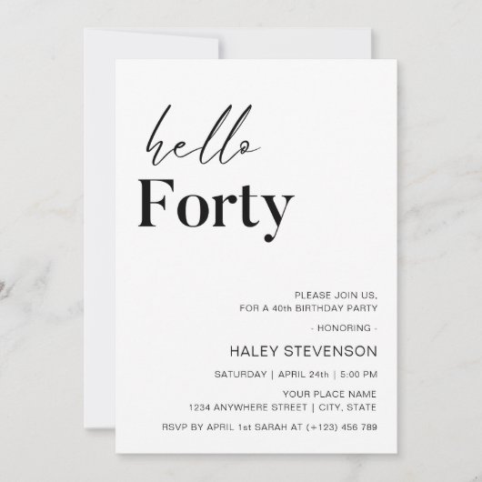 Hello 40 Modern White Minimalistisch 40. Geburtsta Einladung (Vorderseite)