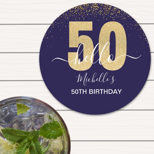 Hello 50! -50th Birthday with Gold Glitter Runder Pappuntersetzer