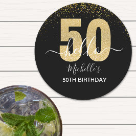 Hello 50! -50th Birthday with Gold Glitter Runder Pappuntersetzer