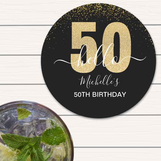 Hello 50! -50th Birthday with Gold Glitter Runder Pappuntersetzer