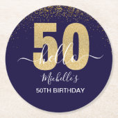 Hello 50! -50th Birthday with Gold Glitter Runder Pappuntersetzer (Vorderseite)