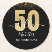 Hello 50! -50th Birthday with Gold Glitter Runder Pappuntersetzer (Vorderseite)