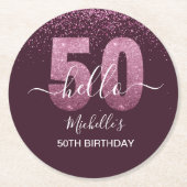 Hello 50! -50th Birthday with Pink glitter Runder Pappuntersetzer (Vorderseite)