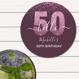 Hello 50! -50th Birthday with Pink glitter Runder Pappuntersetzer